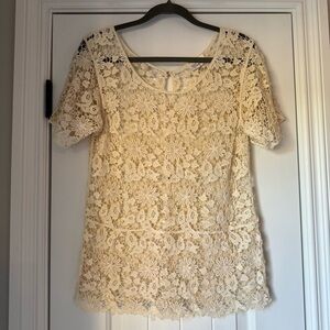 SJS Cream Crochet Short Sleeve Lace Cotton Blouse